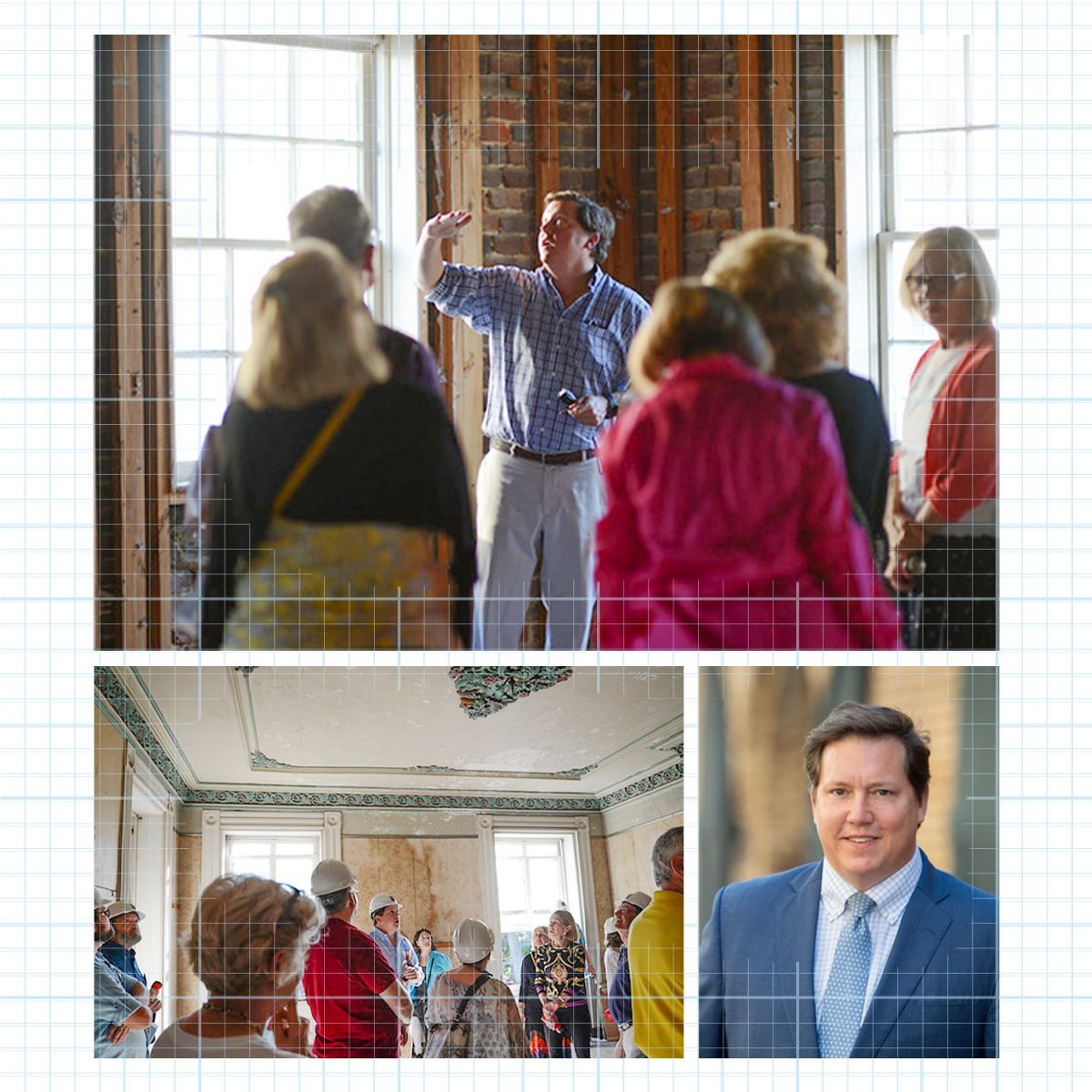 Architectural Historian Kristopher King at work collaged with a formal portrait on graph paper background