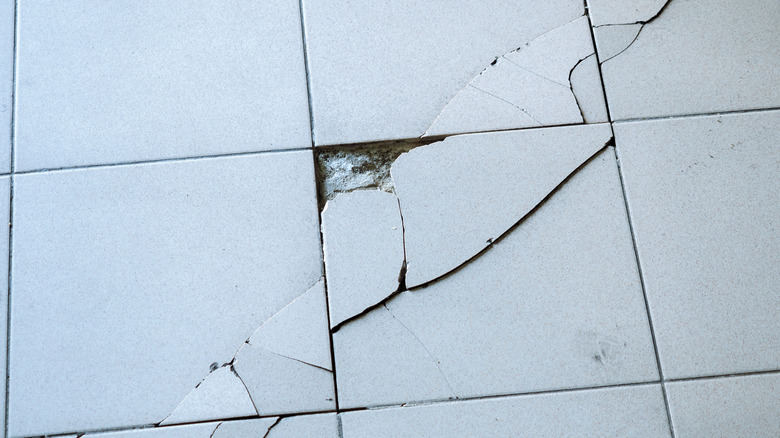 Planchers de carreaux fissurés et écaillés blancs.