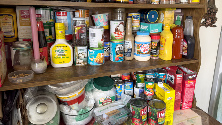 Des étagères de garde-manger complètes avec une variété d'aliments sur eux.