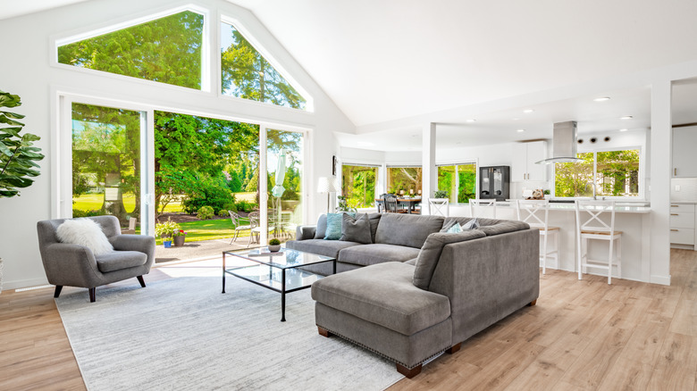 Un espace de vie et une cuisine à plan ouvert spacieux avec d'énormes fenêtres regardant sur un jardin ensoleillé.