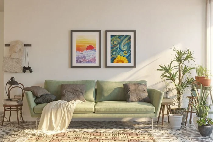 Salon avec des œuvres d'art aux murs 