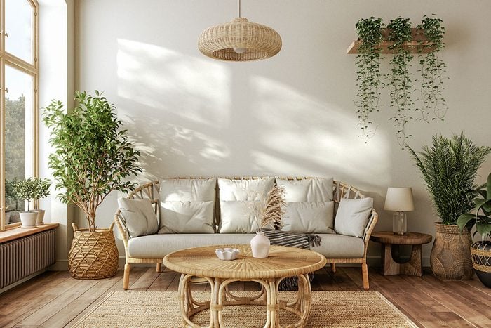 Intérieur scandinave moderne d'inspiration bohème avec meubles en osier et plantes vertes