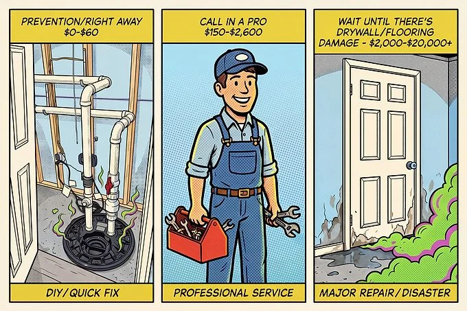 Catastrophes domestiques #4 Graphique de différentiel de coûts montrant trois panneaux de bandes dessinées pour le bricolage/réparation rapide, appeler un professionnel et attendre la catastrophe