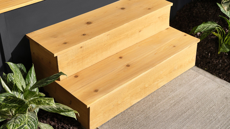 Un ensemble d'escaliers en bois clair à l'extérieur, fraîchement teintés avec Thompson's Waterseal