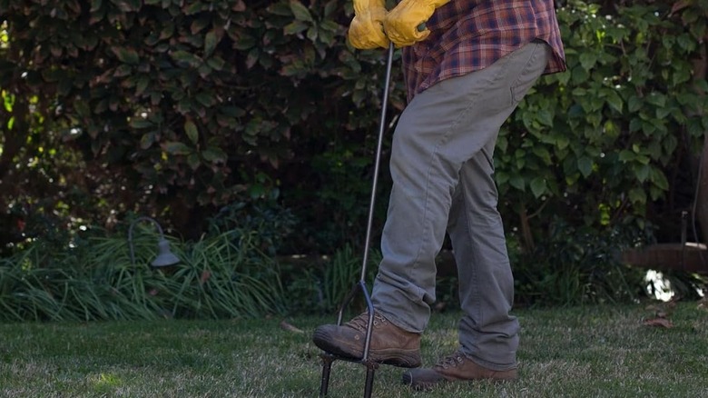 Un homme poussant un aérateur de pelouse dans le sol avec son pied