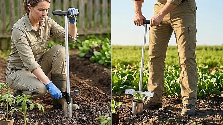 Un jardinier utilise le planteur de bulbes à long manche Craftzone dans le jardin en position accroupie et debout.